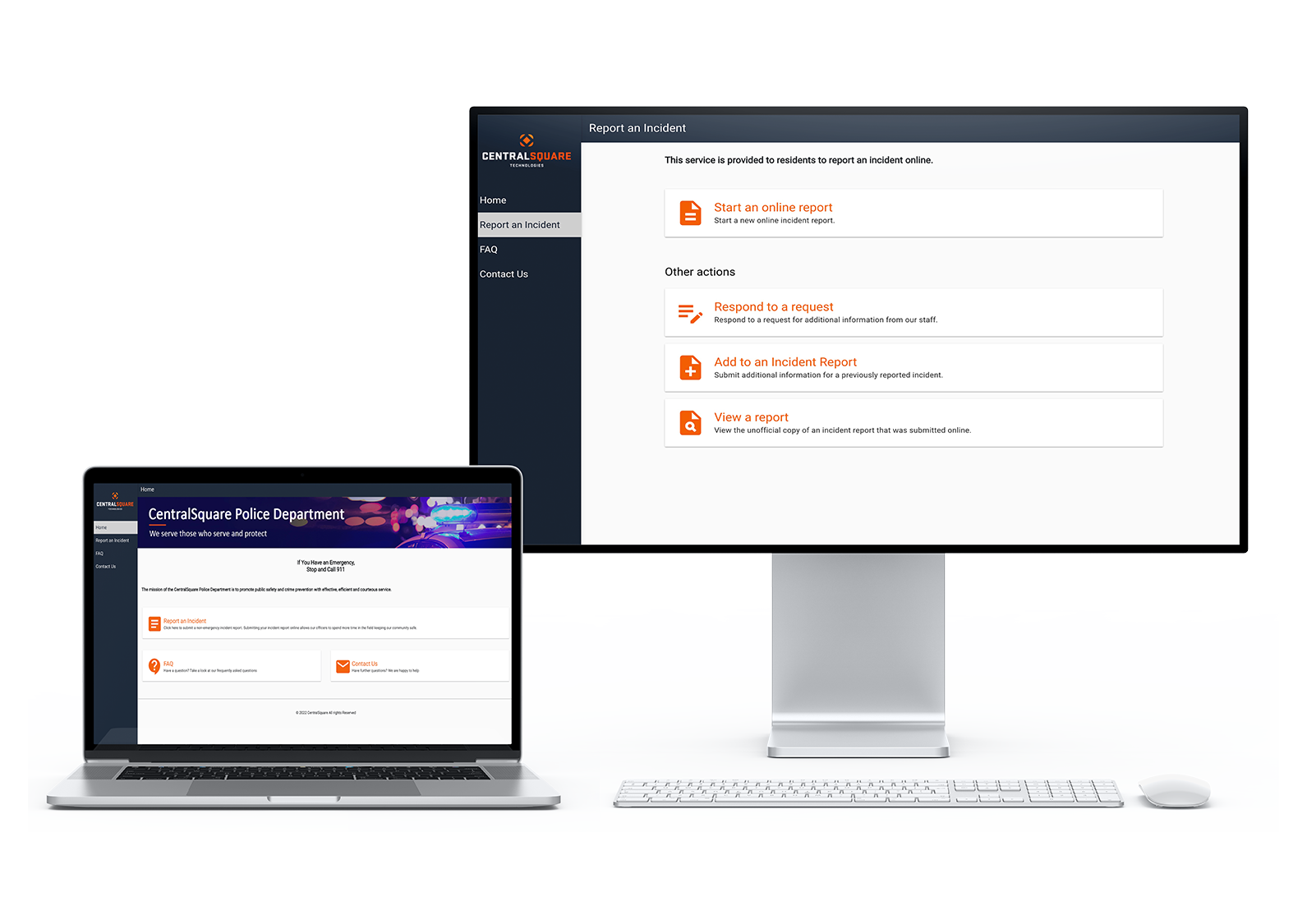 A laptop and desktop mockup of the Citizen Reporting dashboard.